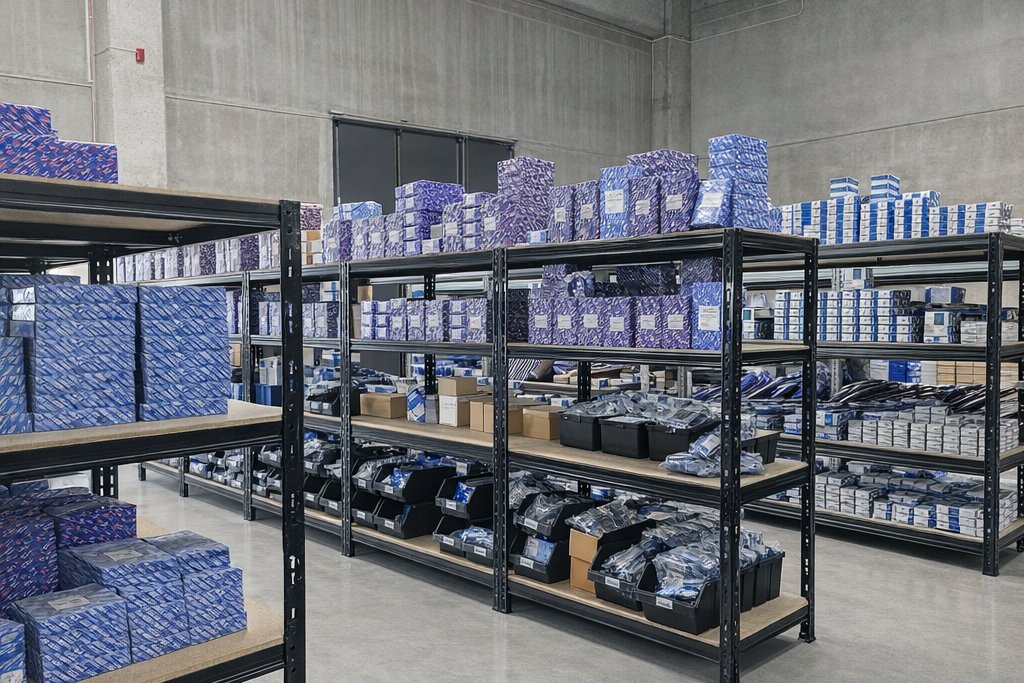 Depozitul Agroparts din Oradea, cu rafturi de piese de motor pentru utilaje agricole