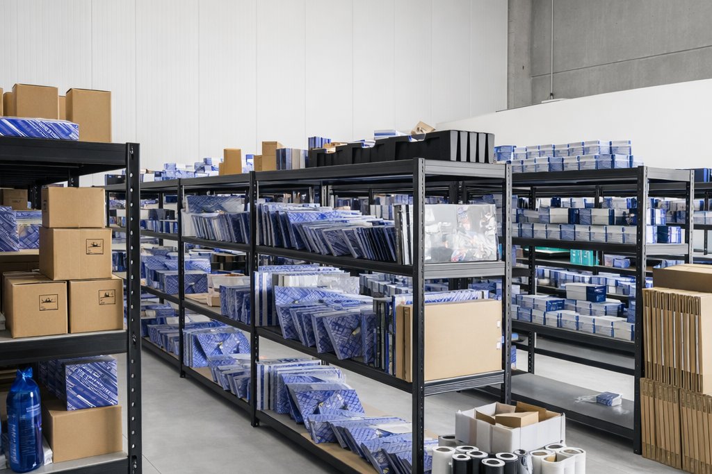 Rafturi cu piese de motor Emmark UK în depozitul Agroparts din Oradea